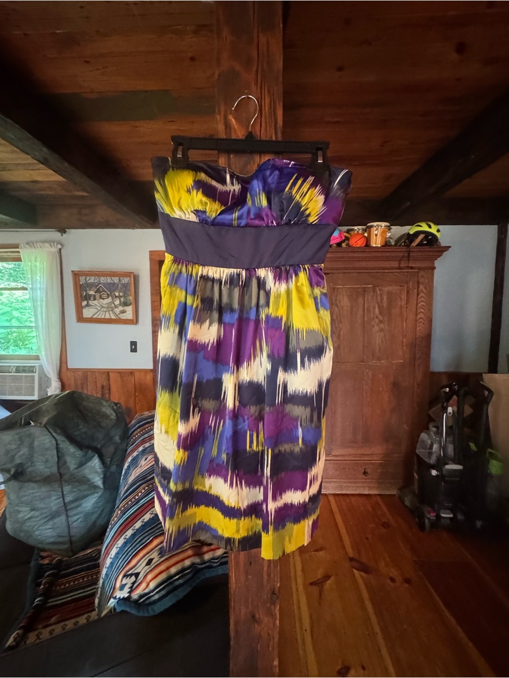 Max & Cleo Strapless Abstract-Print Dress in Purple, Yellow & Navy
